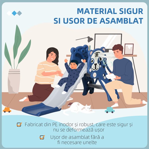 AIYAPLAY Tobogan din Plastic de Interior 2 în 1 pentru Copii cu Coș de Baschet, 70x133x60 cm, Albastru | Aosom Romania