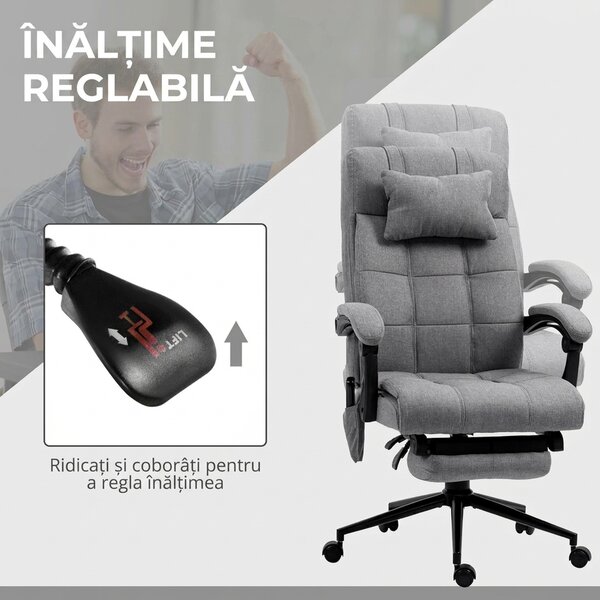 Vinsetto Scaun Birou cu Masaj și cu Încălzire, Fotoliu Birou cu Spătar Înclinabil 155°, Suport Picioare, 66x76x112-120cm,Gri | Aosom Romania
