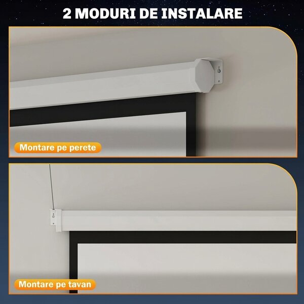 HOMCOM Ecran de Proiecție 84 Inch Format 4:3, Ecran Rulabil cu Unghi de 160° și Montare pe Tavan sau Perete, 181x8x138 cm, Alb | Aosom Romania