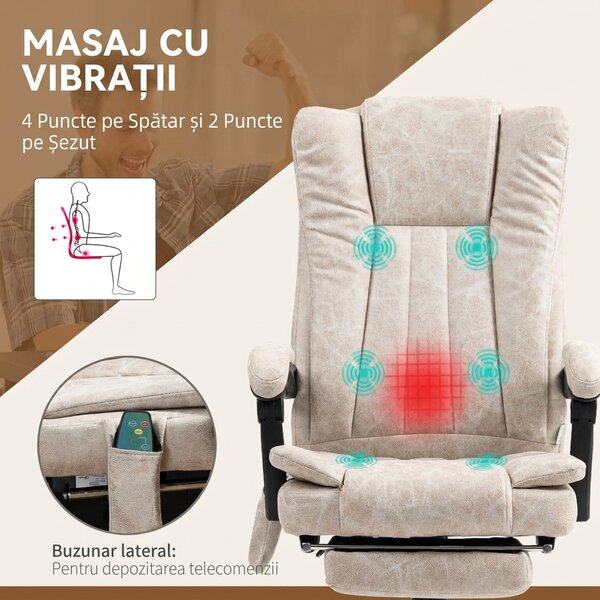Vinsetto Scaun de Birou cu Masaj, Încălzire, Înălțime Reglabilă și Suport pentru Picioare, 62x70x113-120 cm, Crem | Aosom Romania