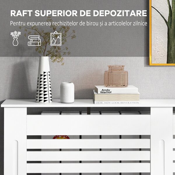 HOMCOM Mască de Calorifer cu Lamele și Raft din Lemn Alb 152x19x81 cm | Aosom Romania