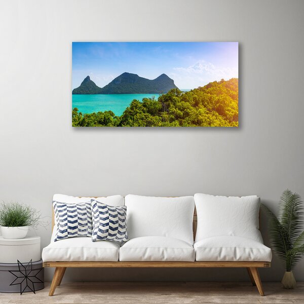 Tablou pe panza canvas Muntii Marea Copaci Peisaj Gri Albastru Verde