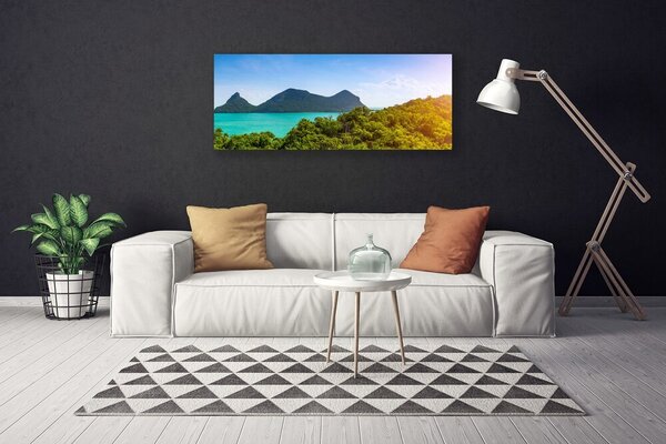 Tablou pe panza canvas Muntii Marea Copaci Peisaj Gri Albastru Verde
