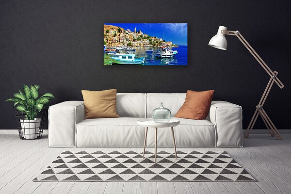 Tablou pe panza canvas Ambarcațiuni Sea Peisaj Oraș Albastru Alb Brun Verde