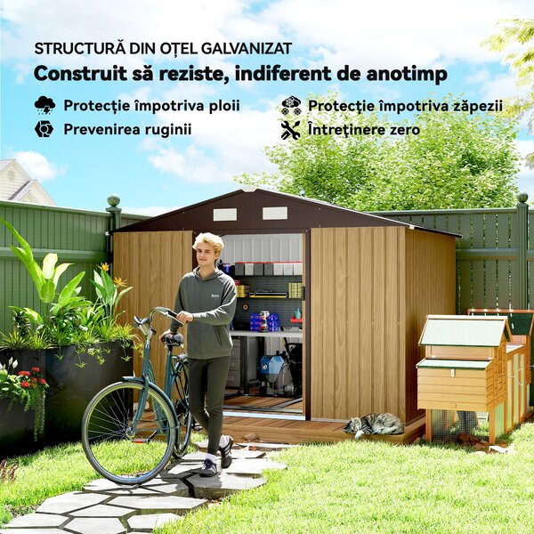 Outsunny Magazie de grădină 4,9 m² din oțel, cu ușă dublă glisantă și acoperiș înclinat, maro deschis | Aosom Romania