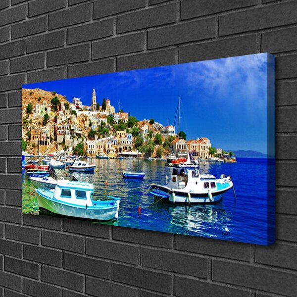 Tablou pe panza canvas Ambarcațiuni Sea Peisaj Oraș Albastru Alb Brun Verde