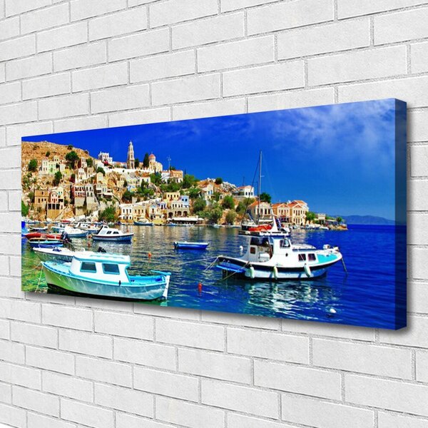 Tablou pe panza canvas Ambarcațiuni Sea Peisaj Oraș Albastru Alb Brun Verde
