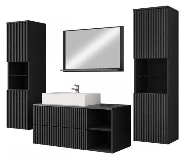 Set mobilier de baie Kiago III (caneluri negre + negru mat + marmură neagră) (fără baterie, cu sifon, fără chiuvetă). 1158431