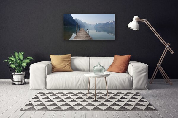 Tablou pe panza canvas Munții Lacul Podul Arhitectura Gri Verde Maro