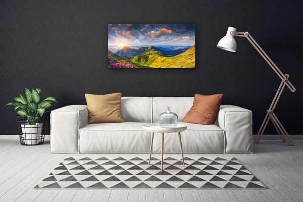 Tablou pe panza canvas Munte Sun Meadow Peisaj Galben Gri Albastru Verde