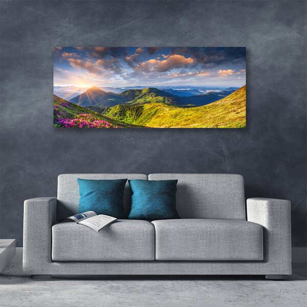 Tablou pe panza canvas Munte Sun Meadow Peisaj Galben Gri Albastru Verde