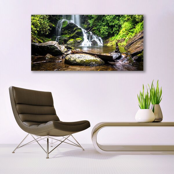 Tablou pe panza canvas Cascada Pietre Natural Pădurea Verde Brun Alb