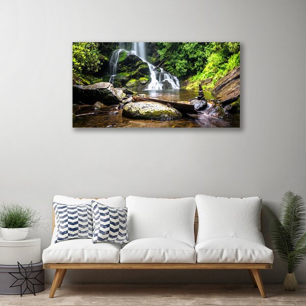 Tablou pe panza canvas Cascada Pietre Natural Pădurea Verde Brun Alb