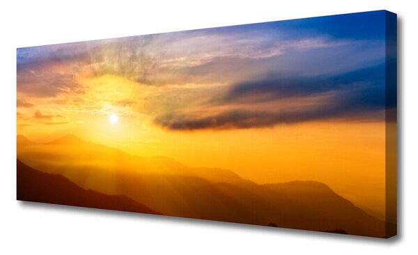 Tablou pe panza canvas Munte Soare Peisaj Brun Galben Albastru