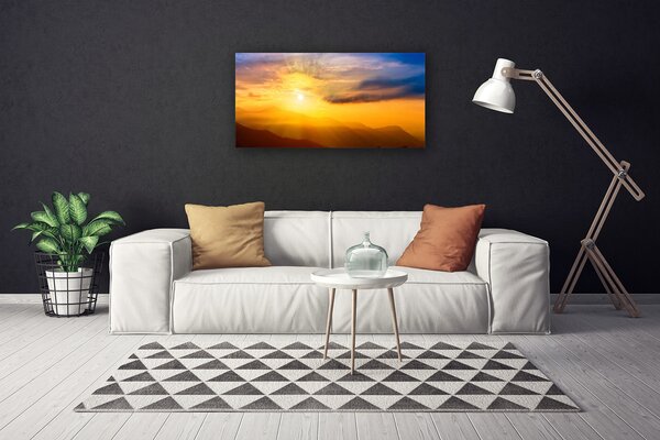 Tablou pe panza canvas Munte Soare Peisaj Brun Galben Albastru