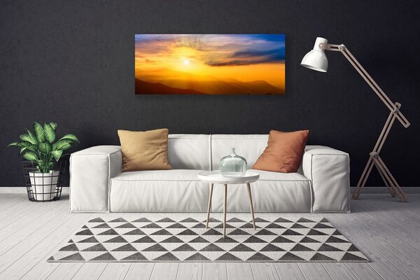 Tablou pe panza canvas Munte Soare Peisaj Brun Galben Albastru