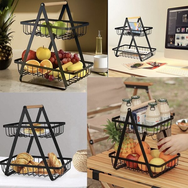 Raft tip etajera cu 2 niveluri din metal si bambus, pentru prajituri, torturi, fructe, aperitive, 24 x 22 cm- elegant si practic