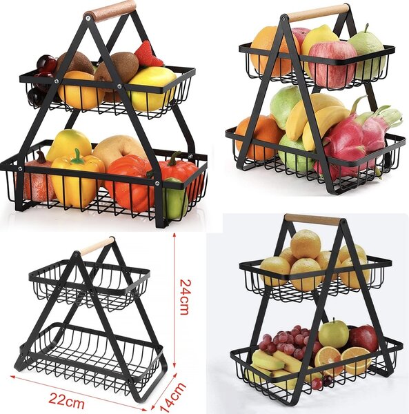 Raft tip etajera cu 2 niveluri din metal si bambus, pentru prajituri, torturi, fructe, aperitive, 24 x 22 cm- elegant si practic