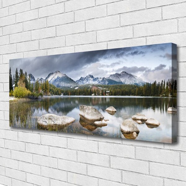 Tablou pe panza canvas Mountain Lake Forest Peisaj Gri Maro Verde