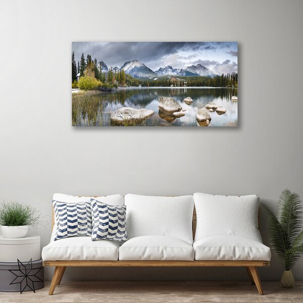 Tablou pe panza canvas Mountain Lake Forest Peisaj Gri Maro Verde