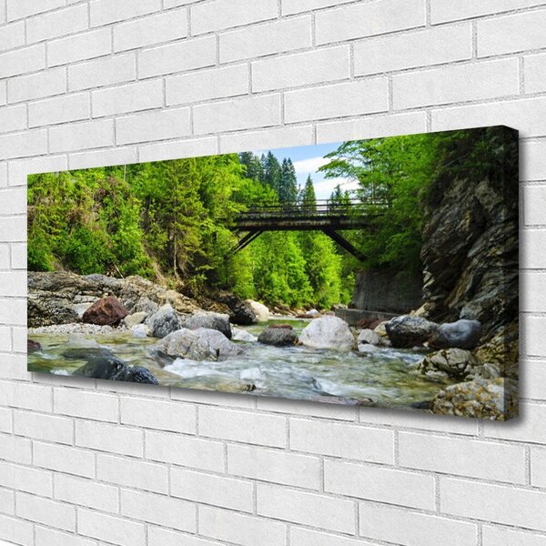 Tablou pe panza canvas Forest Podul Lake Stones Peisaj Brun Verde Gri