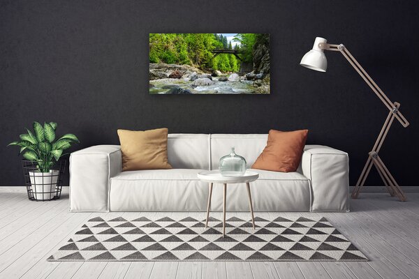 Tablou pe panza canvas Forest Podul Lake Stones Peisaj Brun Verde Gri