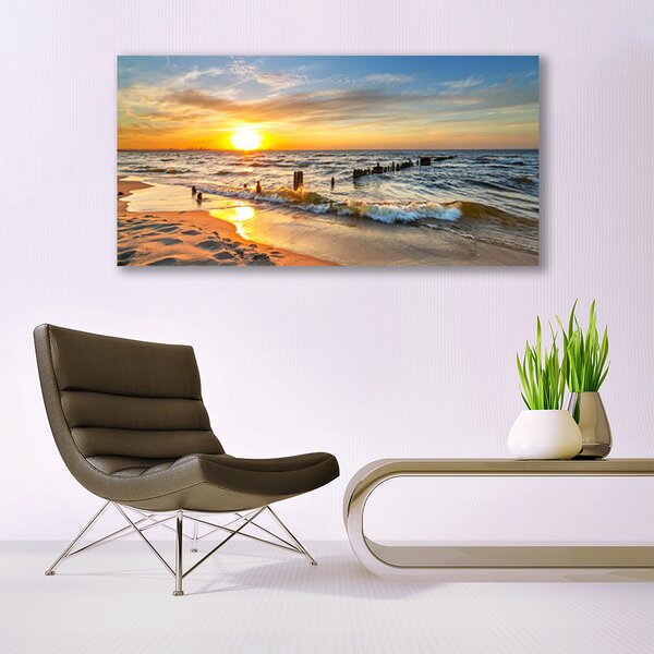 Tablou pe sticla Sun Sea Beach Peisaj Galben Albastru Maro