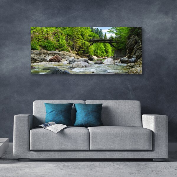 Tablou pe panza canvas Forest Podul Lake Stones Peisaj Brun Verde Gri