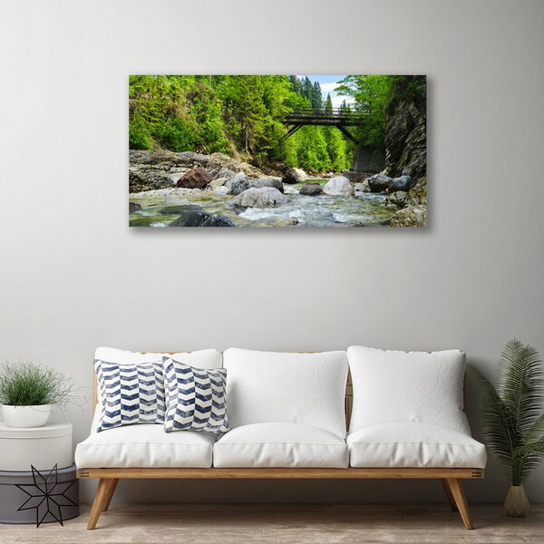 Tablou pe panza canvas Forest Podul Lake Stones Peisaj Brun Verde Gri