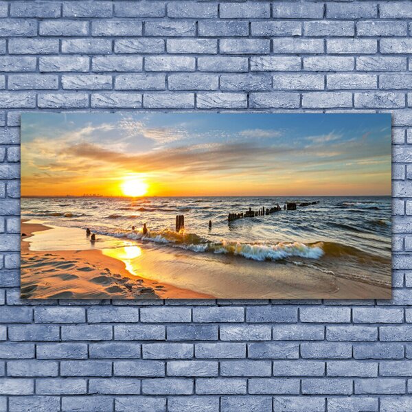 Tablou pe sticla Sun Sea Beach Peisaj Galben Albastru Maro