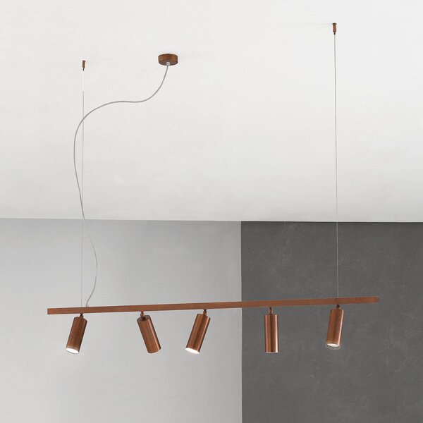 Cremasco Lampă suspendată 7531, lemn brunat, 5 becuri, GU10, reglabil, Lemn, Camera de zi / sufragerie, Alamă, Modern