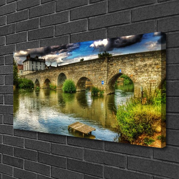 Tablou pe panza canvas Lacul Podul Arhitectura Brun Verde
