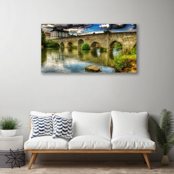 Tablou pe panza canvas Lacul Podul Arhitectura Brun Verde