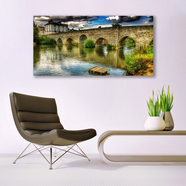 Tablou pe panza canvas Lacul Podul Arhitectura Brun Verde