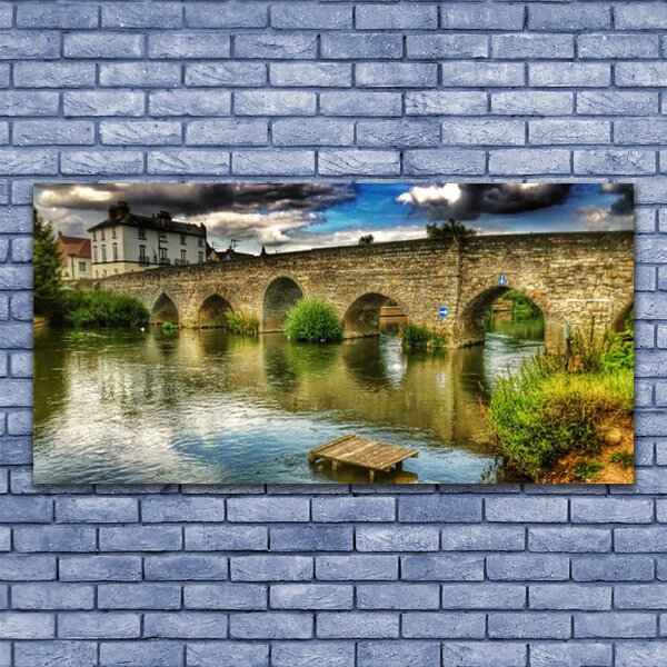 Tablou pe panza canvas Lacul Podul Arhitectura Brun Verde