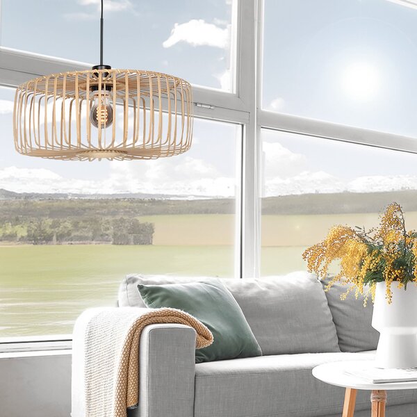 Steinhauer Lampă suspendată Sparkled Light, negru/bambus natural, Ø 60 cm, reglabil, Negru, Camera de zi / sufragerie, Bamboo