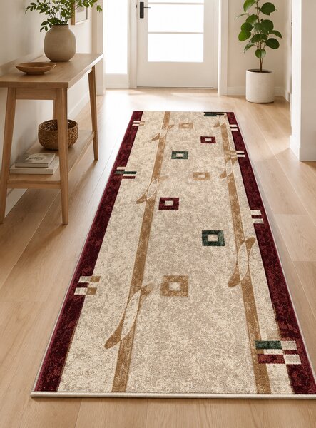 Traversa Hol, Model Lotos579 120, Festonata la capete, Latime 60 cm, Rosu Crem Dreptunghi, 60 x 300