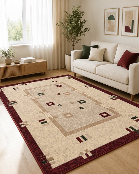 Covor Clasic Sufragerie Dormitor, Model Lotos 579 120, Crem Rosu 200x300