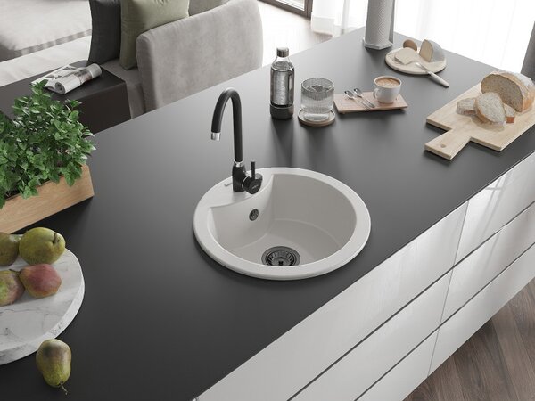 Mexen Diego, chiuvetă din granit 488x488x167 mm, 1 cameră, alb cu sifon negru, 6512481000-20-B