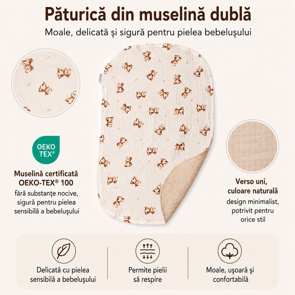 Set 2 protectii pentru masa de infasat Kidizi, muselina dubla Oeko-Tex, fata-verso, 60x40 cm