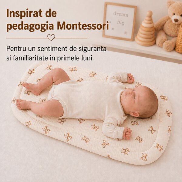 Salteluta de tranzitie pentru nou-nascuti Topponcino Montessori Kidizi din muselina dubla, 60x40 cm