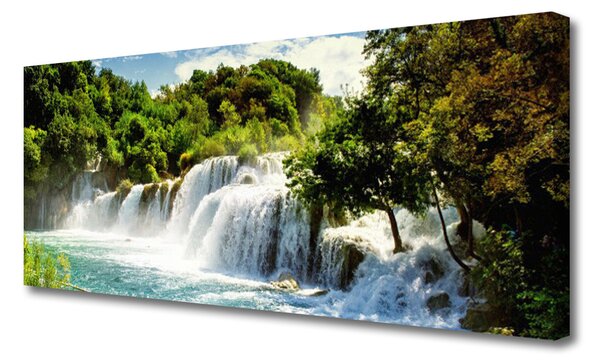 Tablou pe panza canvas Cascada Copaci Natura Maro Verde Alb Albastru