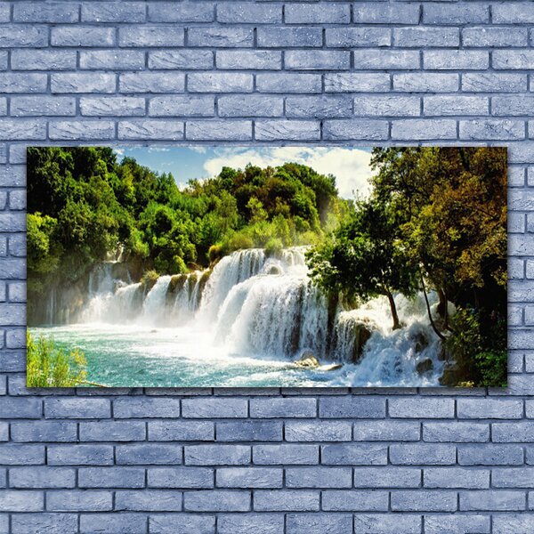 Tablou pe sticla Cascada Copaci Natura Maro Verde Alb Albastru