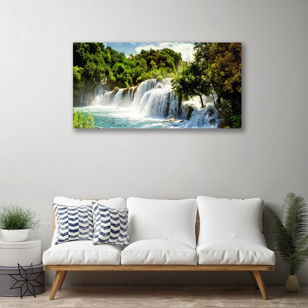 Tablou pe panza canvas Cascada Copaci Natura Maro Verde Alb Albastru