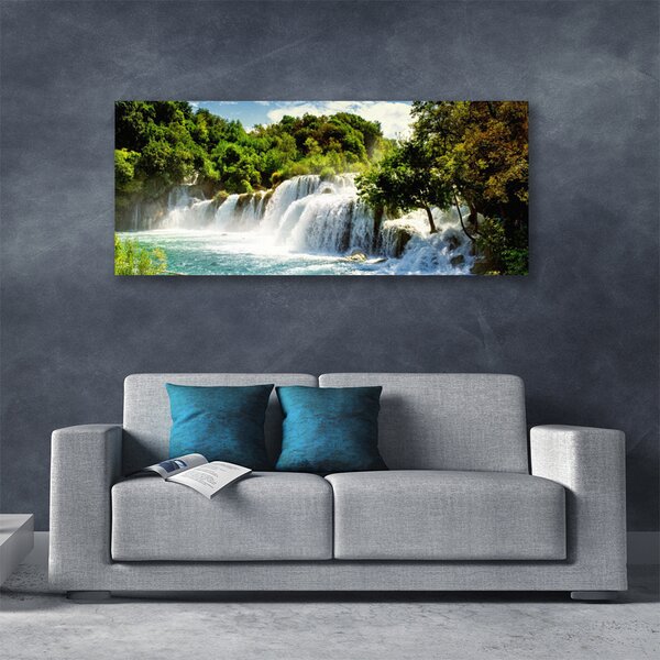Tablou pe panza canvas Cascada Copaci Natura Maro Verde Alb Albastru