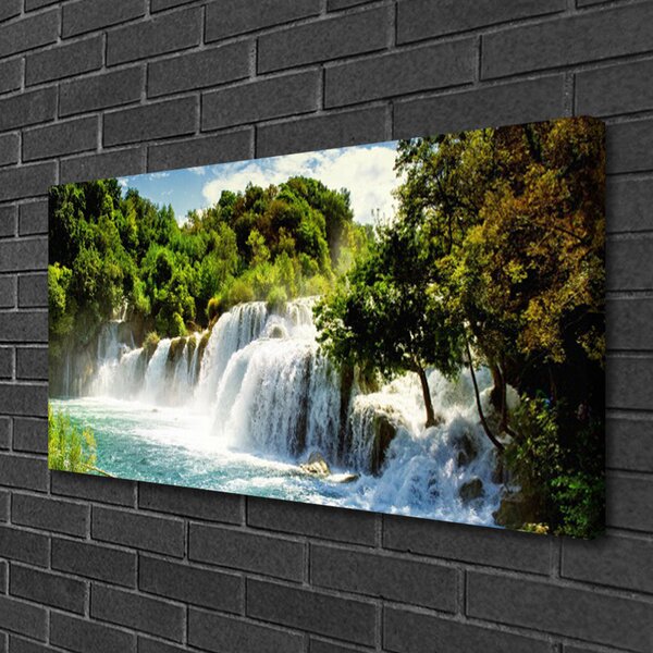 Tablou pe panza canvas Cascada Copaci Natura Maro Verde Alb Albastru