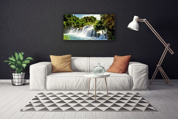 Tablou pe panza canvas Cascada Copaci Natura Maro Verde Alb Albastru