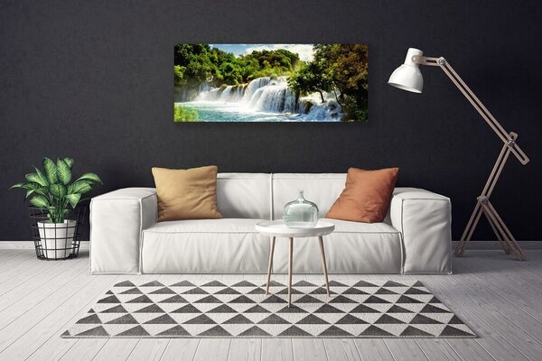 Tablou pe panza canvas Cascada Copaci Natura Maro Verde Alb Albastru