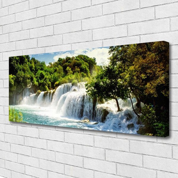 Tablou pe panza canvas Cascada Copaci Natura Maro Verde Alb Albastru