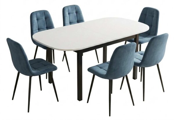 Set Masă Extensibilă Carla Albă 134–174 × 80 cm cu 6 Scaune Gya Turcoaz, Tapițate, Picioare Metalice Negre